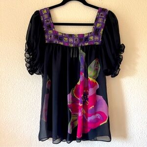 Ice sheer double layer top blouse square neck floral Sz M
